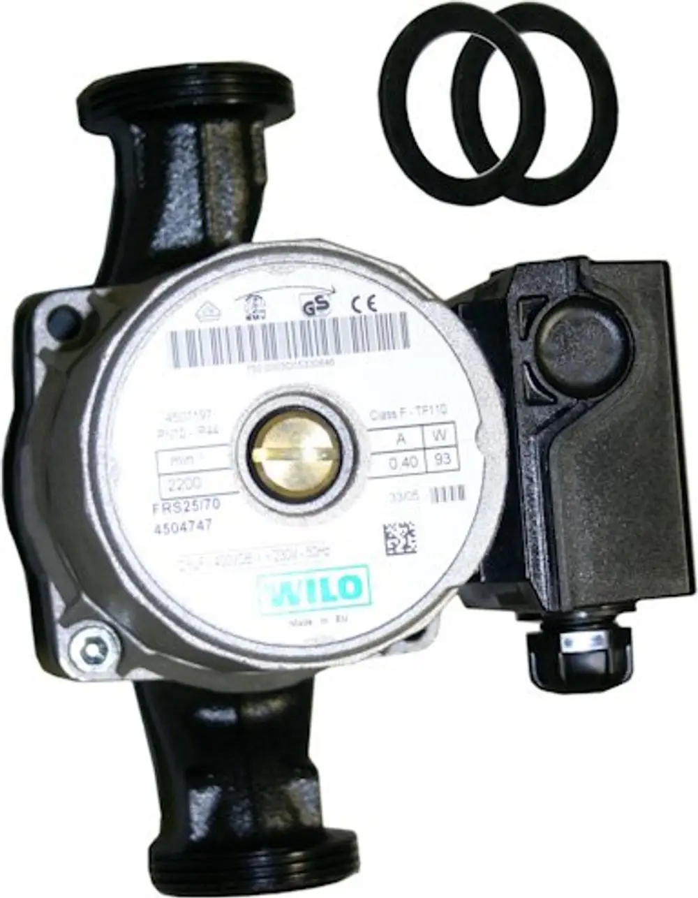 Wilo-Pumpe mit schwarzem Gehäuse und elektrischer Anschlussklemme, begleitet von zwei Dichtungsringen, geeignet für Heizungsinstallationen von Bosch.